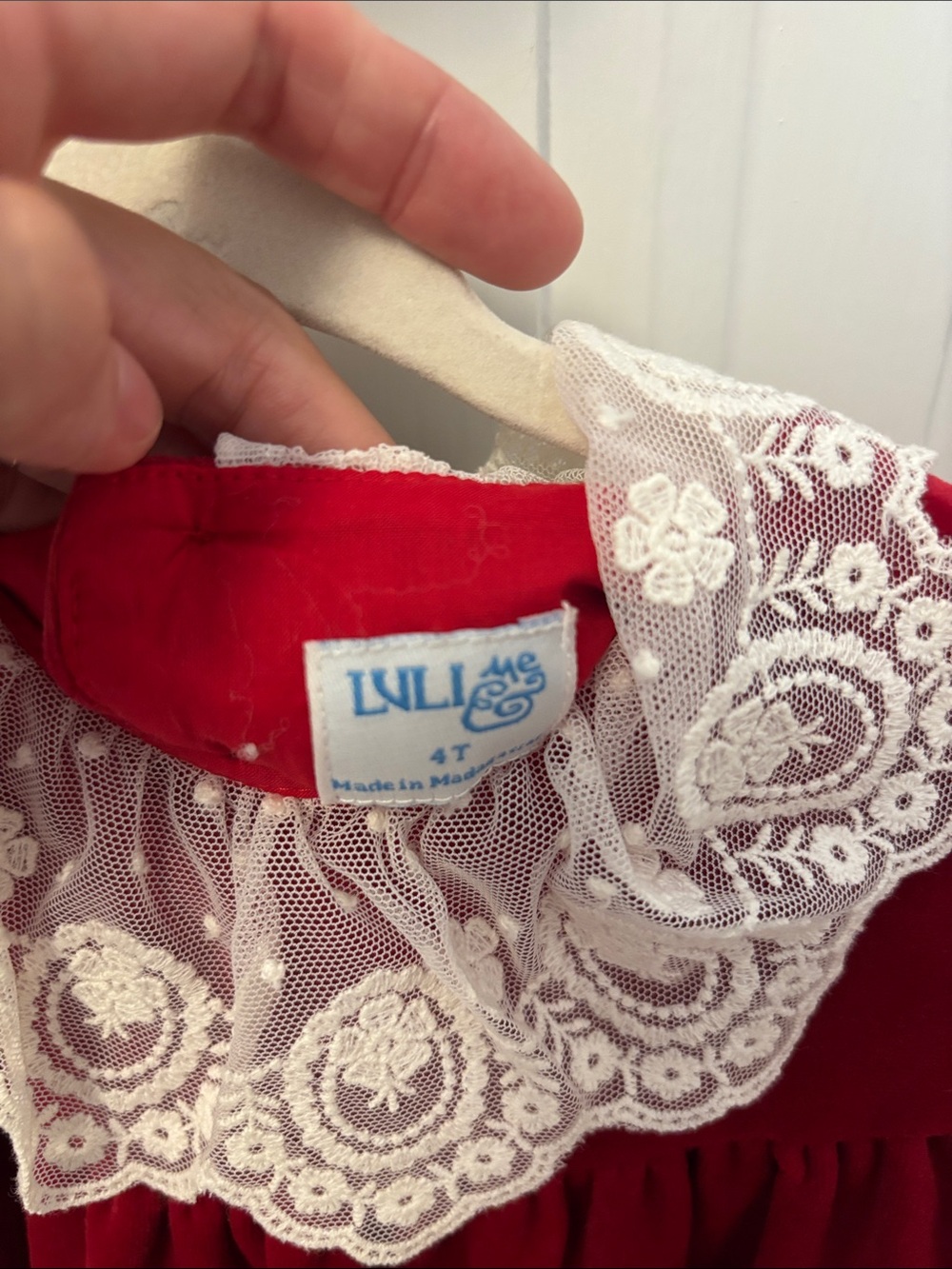 Luli & Me Red Velvet Dress with Lace Collar - Picture 2 of 2